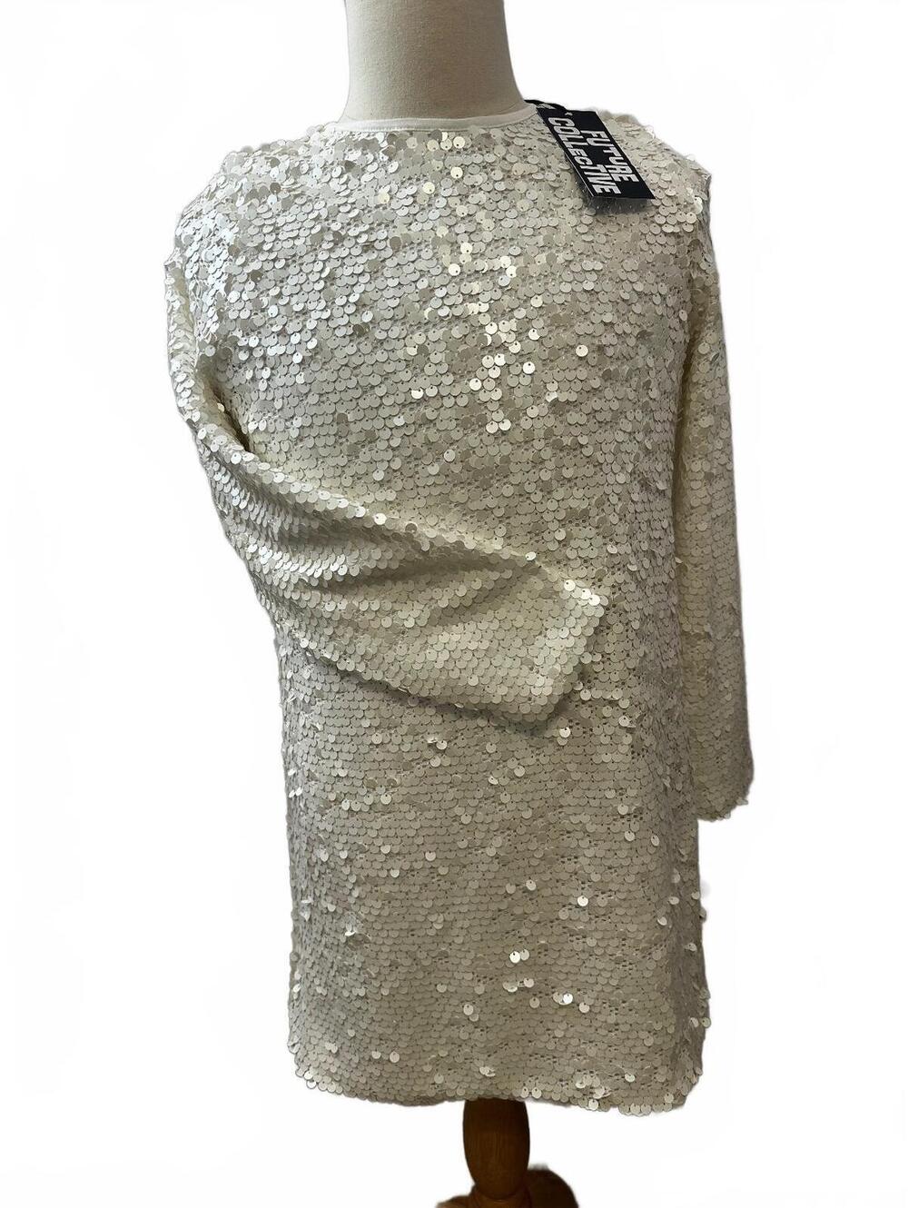 Future Collective Women's White Sequin Long Sleeve Dress, Size Medium